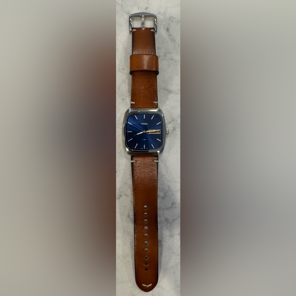 Fossil Men's Brown Leather Watch with Blue Dial
